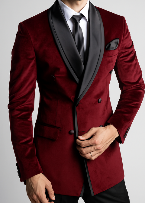 Tumuh Wedding Burgundy Velvet Shawl Collar Double Breasted Tuxedo Blazer Suit