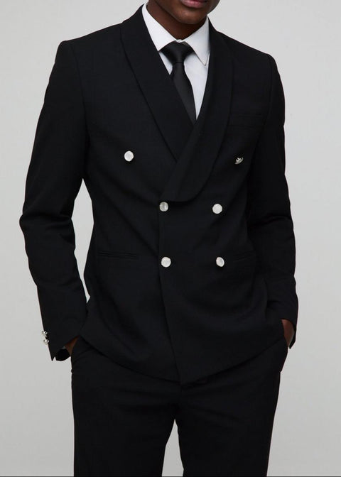 Straight Fit Black Double Breasted Suit Jacket