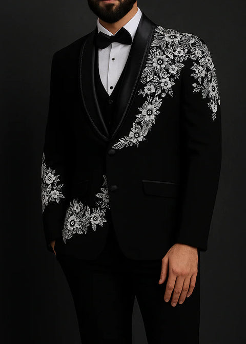 Black Tuxedo With White Floral Embroidery