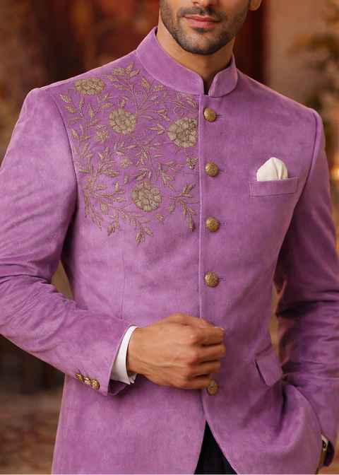 Mid Pink Floral Embroidered Bandhgala for Wedding
