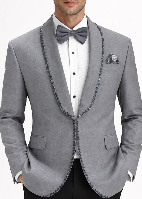 Wedding Grey Embroidered Shawl Lapel Suit