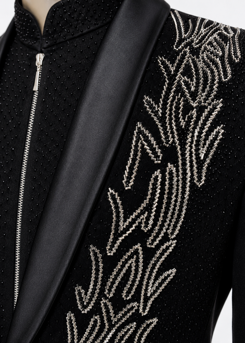Silver Embroidered Asymmetric Tuxedo Suit in Black