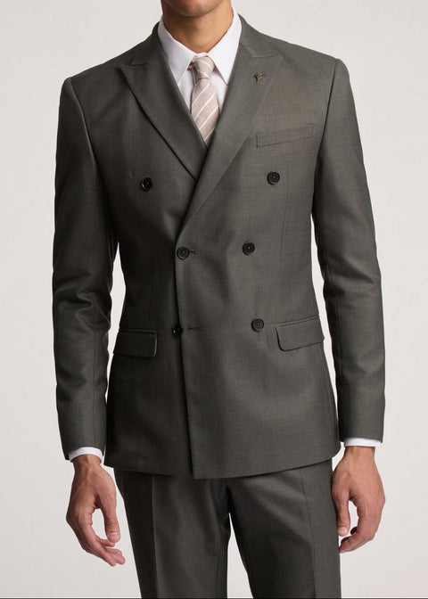 Double Breasted Slim Fit Khaki Blazer Suit