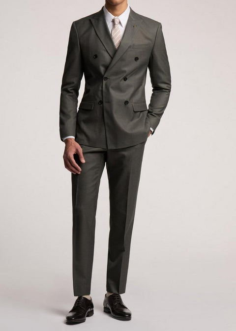 Double Breasted Slim Fit Khaki Blazer Suit