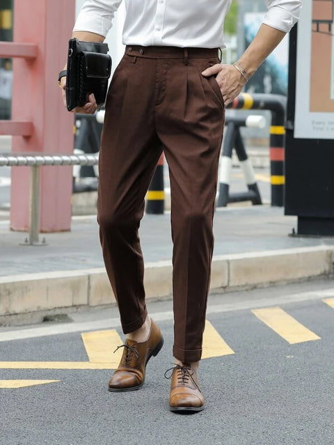 Brown Slant Pocket Pleated Trouser in Slim Fit