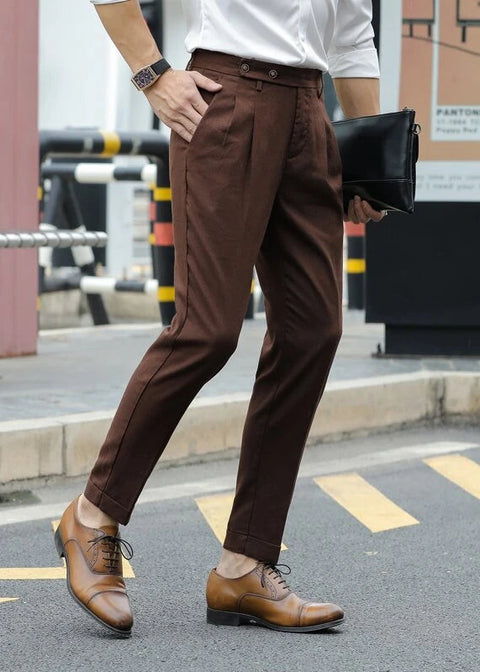 Brown Slant Pocket Pleated Trouser in Slim Fit