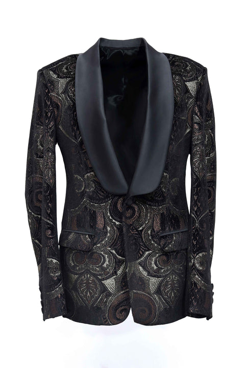 Limited Edition Black & Copper Printed Velvet Shawl Collar Tuxedo Jacket tumuh