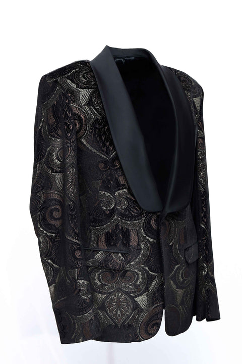 Limited Edition Black & Copper Printed Velvet Shawl Collar Tuxedo Blazer