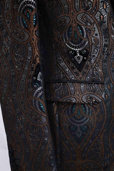 Limited Edition Black & Brown Printed Velvet Tuxedo Blazer tumuh