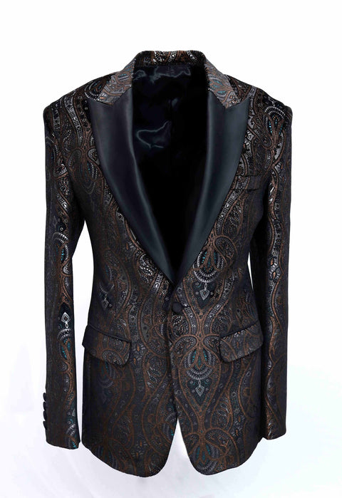 Limited Edition Black & Brown Printed Velvet Tuxedo Blazer