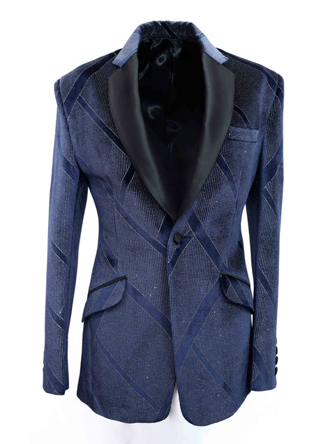 Limited Edition Party Wear Blue & Silver Velvet Tuxedo Blazer Tumuh