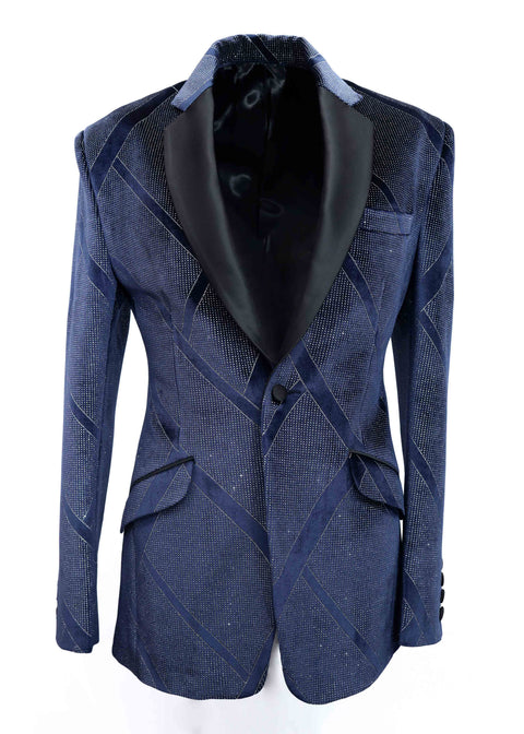 Limited Edition Party Wear Blue & Silver Velvet Tuxedo Blazer Tumuh