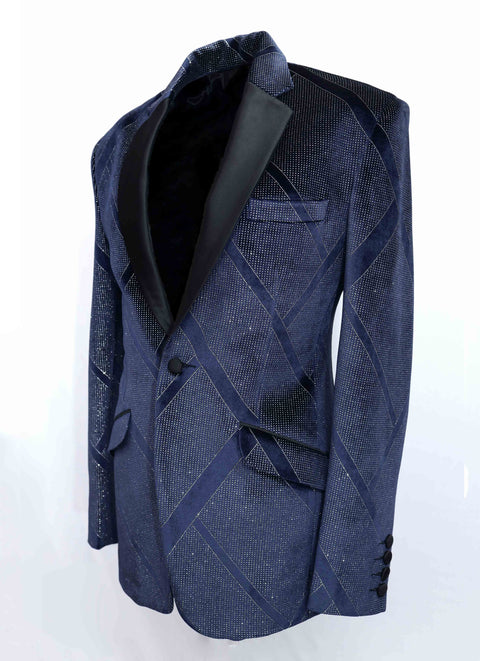 Limited Edition Party Wear Blue & Silver Velvet Tuxedo Blazer