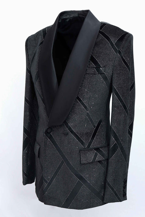 Black & Silver Limited Edition Party Wear Velvet Double Breasted Tuxedo Blazer
