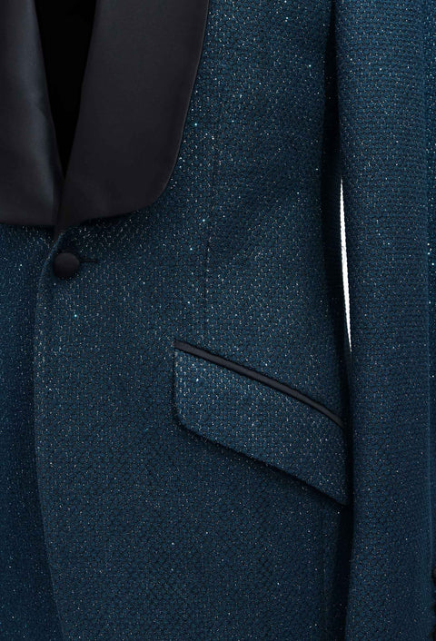 Teal Blue Slim Fit Party Wear Shawl Collar Tuxedo Blazer