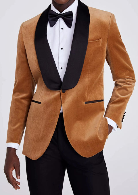 Slim Tailored Camel Velvet Tuxedo Jacket Tumuh