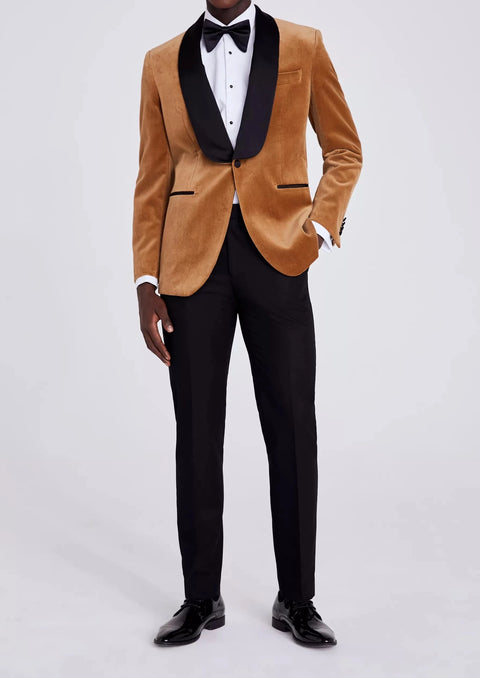 Slim Tailored Camel Velvet Tuxedo Jacket Tumuh