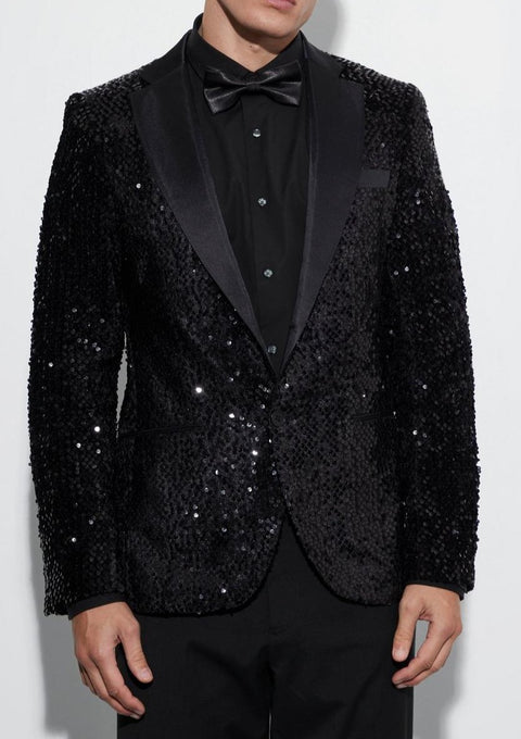 Sequin Tuxedo Blazer With Satin Lapel in Black