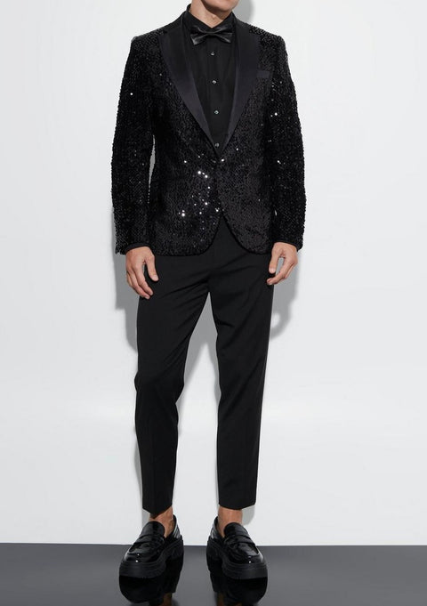 Sequin Tuxedo Blazer With Satin Lapel in Black