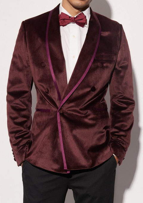 Burgundy Double Breasted Velour Tuxedo Blazer