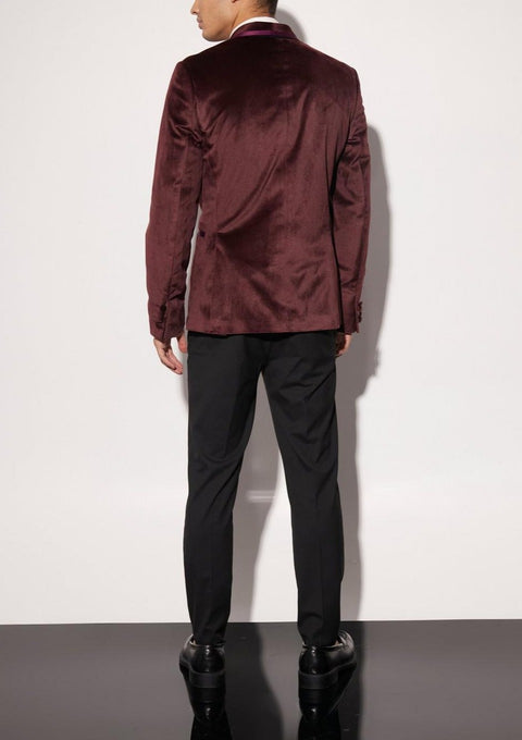 Burgundy Double Breasted Velour Tuxedo Blazer