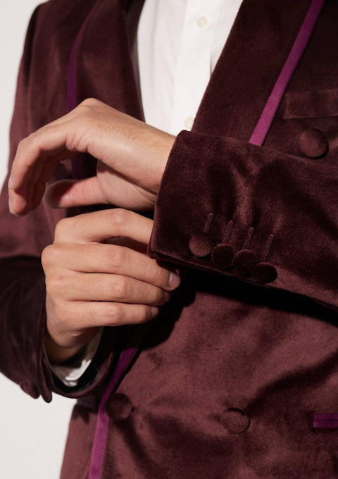 Burgundy Double Breasted Velour Tuxedo Blazer