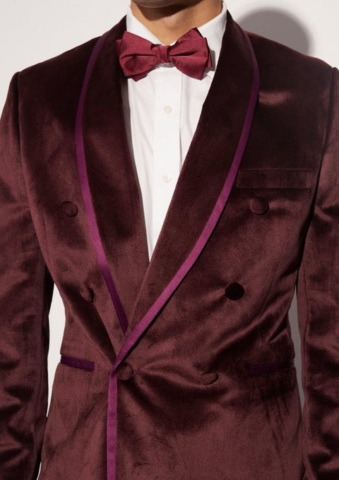 Burgundy Double Breasted Velour Tuxedo Blazer