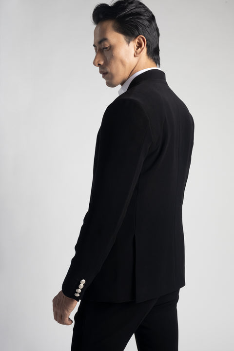 Black Double Breasted Unbuttoned Blazer Suit with Metal Buttons