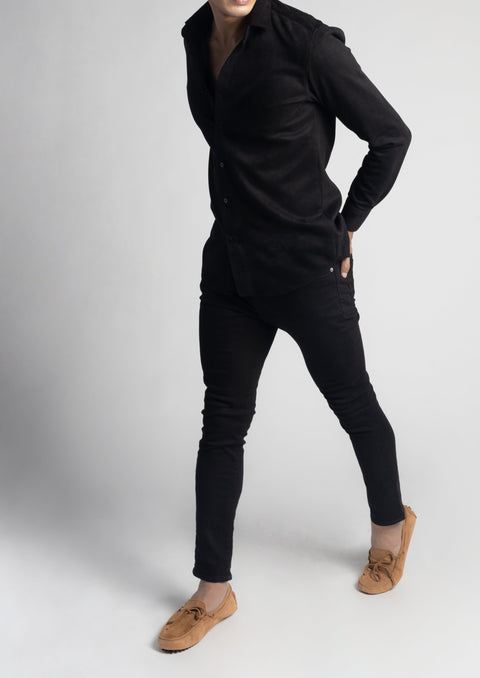 Tailored Muscle Fit Black Suede Velvet Shirt
