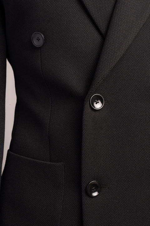 Black Pique Slim Fit Double Breasted Blazer