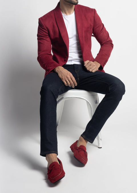 Slim Fit Burgundy Suede Velvet Blazer