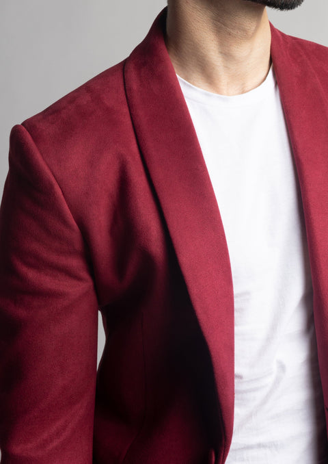 Slim Fit Burgundy Suede Velvet Blazer