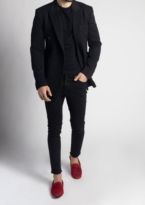 Black Pique Slim Fit Double Breasted Blazer