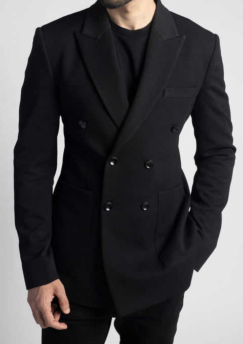 Black Pique Slim Fit Double Breasted Blazer