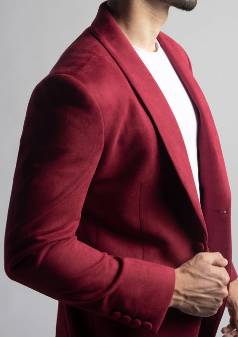 Slim Fit Burgundy Suede Velvet Blazer