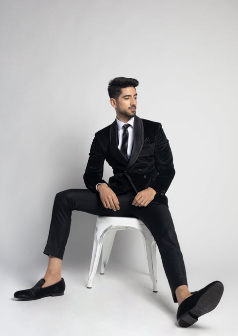Wedding Black Velvet Shawl Collar Double Breasted Tuxedo Blazer Suit
