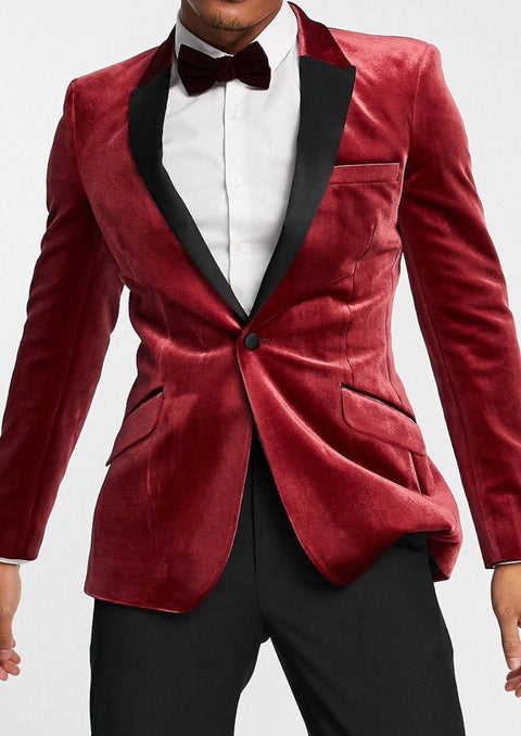 Velvet Tuxedo Blazer in Burgundy