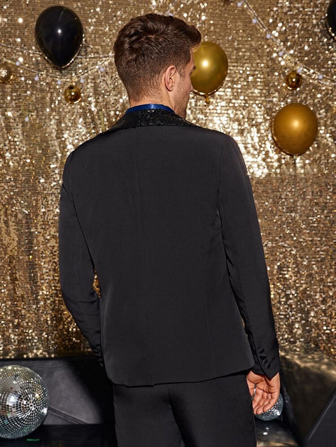 Sequin Shawl Collar Suit in Black