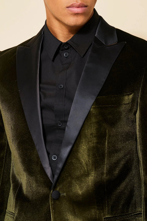 Peak Lapel Slim Fit Olive Green Velvet Tuxedo Blazer