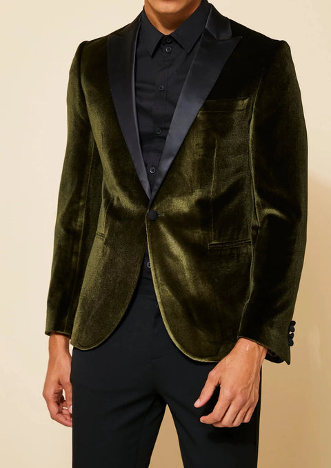 Peak Lapel Slim Fit Olive Green Velvet Tuxedo Blazer