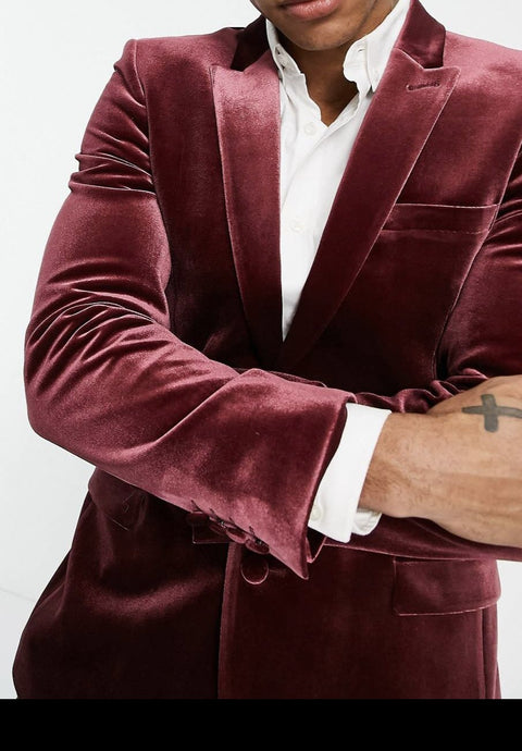 Slim Burgundy Velvet Blazer