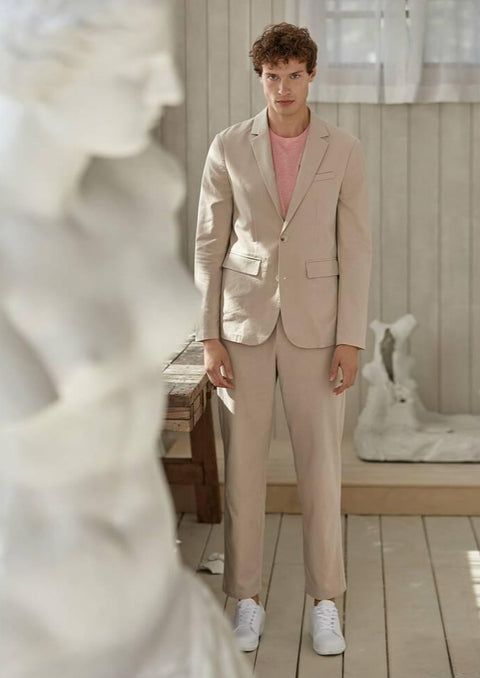 Solid Notched collar solid blazer/suit in Beige