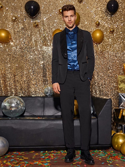 Sequin Shawl Collar Suit in Black