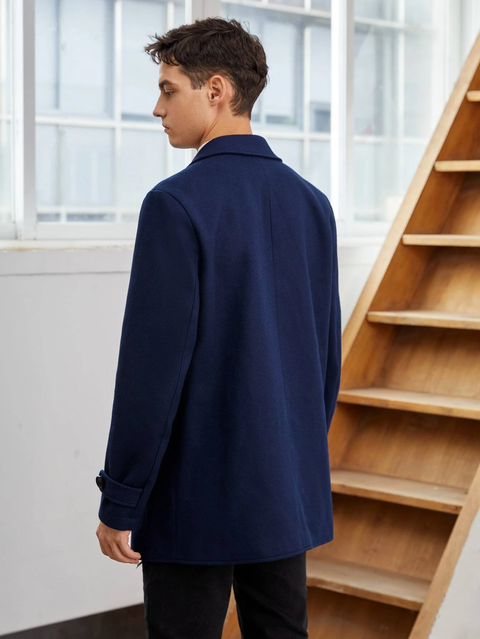 Notch Lapel Double Breasted Overcoat in Blue
