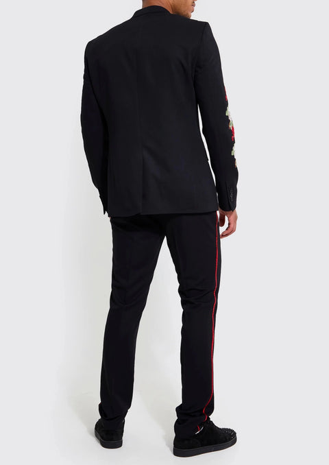Slim Black Floral Embroidered Double Breasted Suit