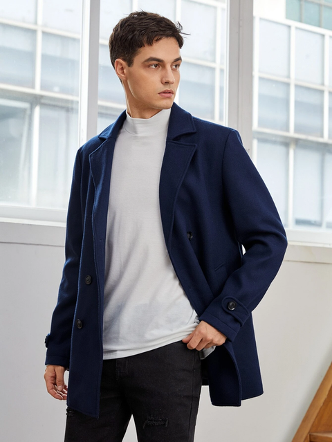 Notch Lapel Double Breasted Overcoat in Blue