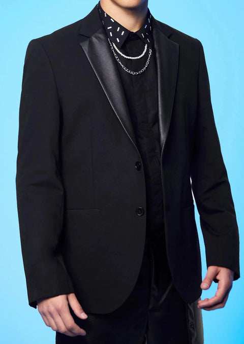 Black Leather Contrast Lapel Slim Fit Suit Jacket