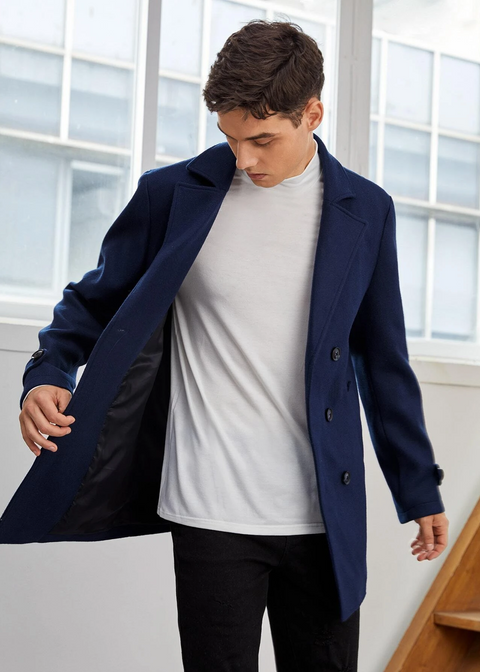 Notch Lapel Double Breasted Overcoat in Blue