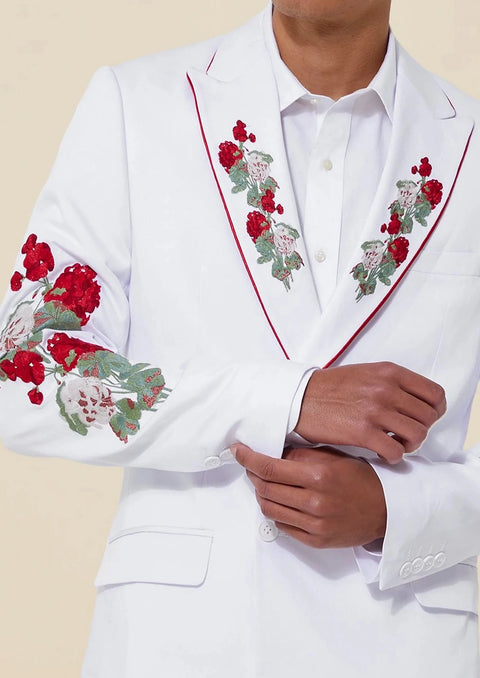 White Floral Embroidery Double Breasted Suit