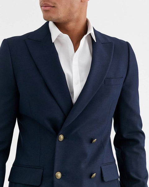 Navy skinny double breasted blazer with gold button in navy
